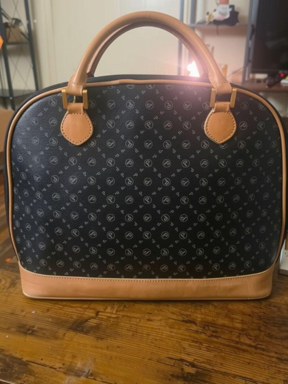 Vintage Picard Germany Monogram Dome Satchel Handbag Tan Leather Trim Y2K